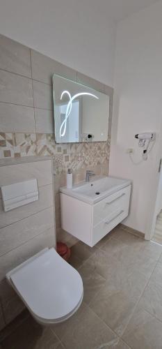 a bathroom with a toilet and a sink and a mirror at VISAJ Homes in Timişoara