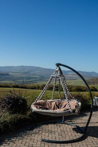 a hammock hanging on a patio with a hose at Pensiunea Casa Buna in Gîrbova
