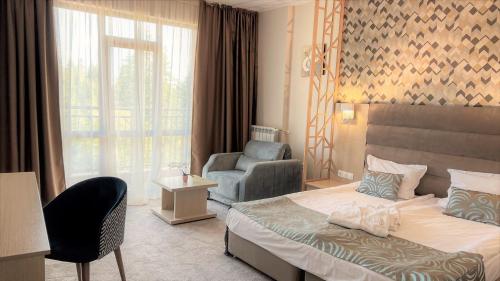 une chambre d'hôtel avec un lit et une chaise dans l'établissement Hotel Orpheus - Casino and SPA, à Pamporovo