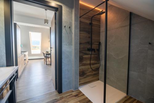 ein Bad mit einer Dusche und einer Glastür in der Unterkunft Apart Invest Widok 800 C14 in Szklarska Poręba