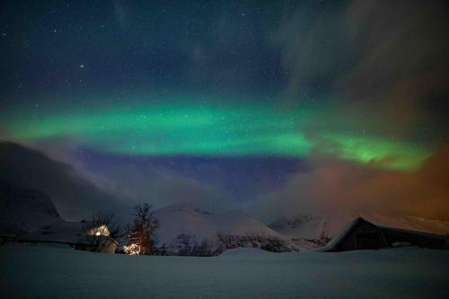 an aurora in the sky over a snowy field at Mountainside Lodge - Breivikeidet in Tromsø