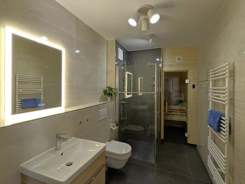 uma casa de banho com um lavatório, um WC e um chuveiro em App 7, Strandresidenz Dünenperle em Kühlungsborn