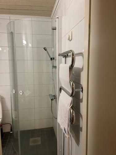 baño con ducha y 2 toallas en una puerta en DAG-15 en Korppoo