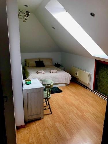 a bedroom with a bed and a table in a attic at Brasov Cucu Residence in Braşov