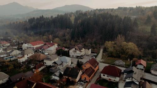 an aerial view of a town with houses and trees at Pensiunea Lido Moisei in Moisei