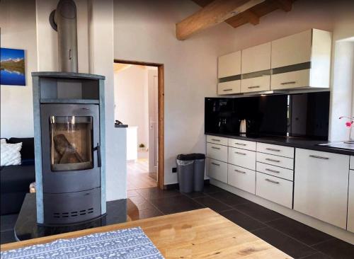 a kitchen with an oven in the middle of a room at Allgäu-Chalet Kaufbeuren in Kaufbeuren