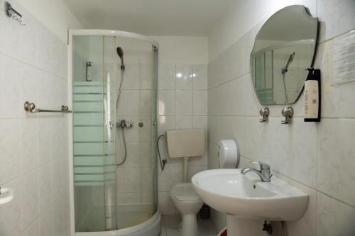a bathroom with a sink and a shower and a toilet at Pensiunea Lido Moisei in Moisei