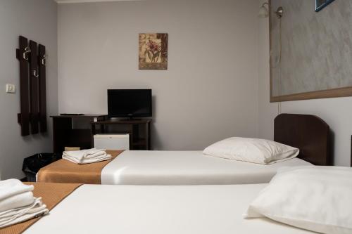 a hotel room with two beds and a television at Pensiunea Lido Moisei in Moisei