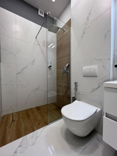 a bathroom with a toilet and a glass shower at OLYMPIC 84 Apartments in Sarajevo