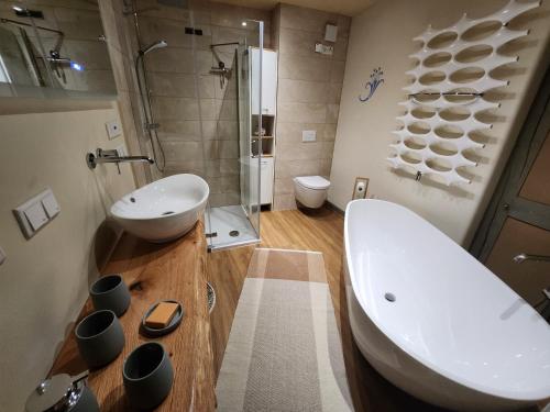a bathroom with a tub and a sink and a shower at außergewöhnliches, historisches, spätgotisches Wohnhaus von 1519, Gries 5 in Gera