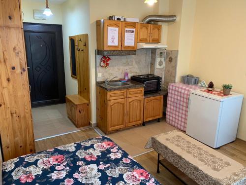 a kitchen with wooden cabinets and a white refrigerator at Like Home Guest Rooms in Sofia