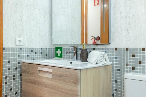 a bathroom with a sink and a mirror and a toilet at My Botanical Garden & University Home in Coimbra