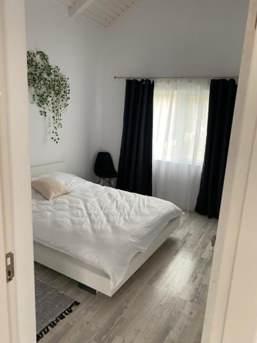 a bedroom with a white bed and a window at Cabana EvAy in Ocnele Mari