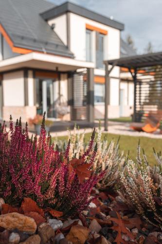 a garden with purple flowers in front of a house at Śnieżka Exclusive Apartamenty in Kowary