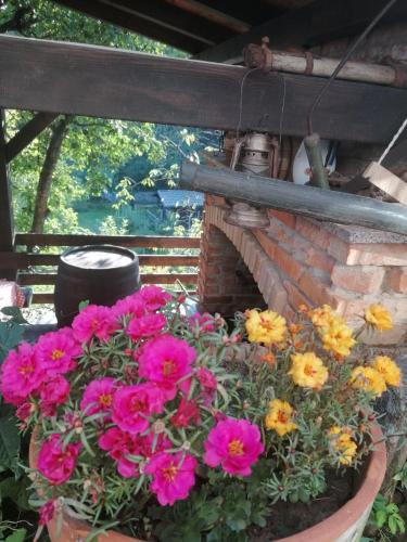 a pot of flowers sitting next to a brick wall at Holiday Home Lana in Fužine