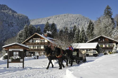 a horse drawn carriage in the snow in front of a lodge at Gschwenderhaus Ferienwohnungen in Oberstdorf