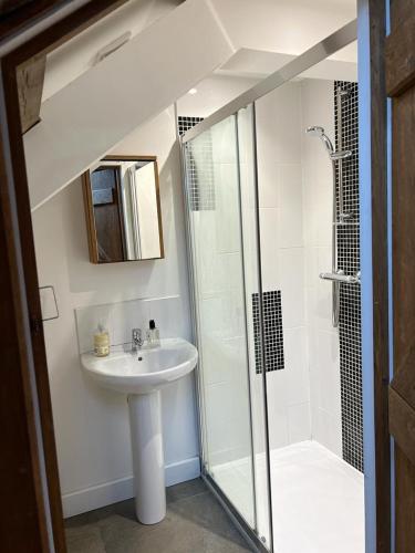 een witte badkamer met een wastafel en een douche bij The Old Stable - Flat 1 in Wadebridge