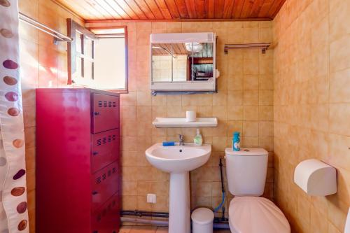 a bathroom with a sink and a toilet and a mirror at Maison de 3 chambres avec piscine partagee et wifi a Lagrasse in Lagrasse