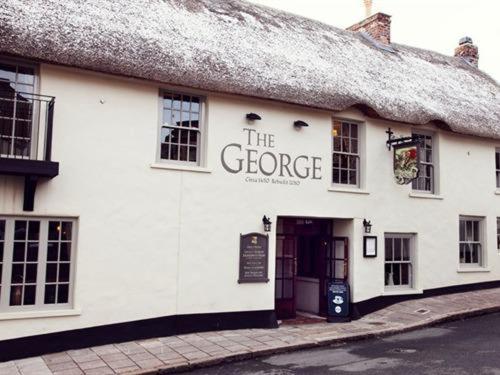 - un bâtiment blanc au toit de chaume dans l'établissement The George Inn, à Hatherleigh