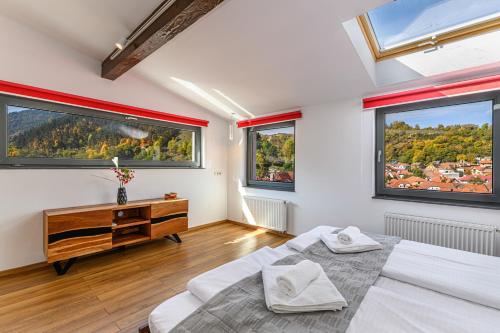 Sun Villas Accommodation Brasov في براشوف: سريرين في غرفة بها نافذتين