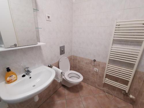 Un baño con un inodoro blanco y un lavabo. en Trnovo apartment with free parking, en Liubliana