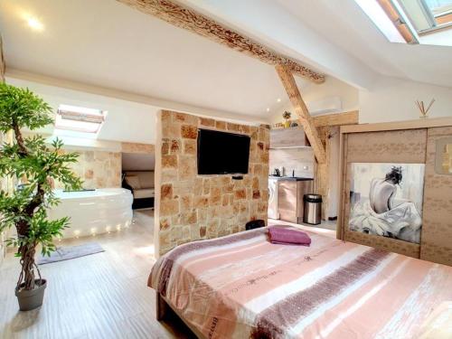 a bedroom with a large bed and a tv at Love Room Jacuzzi Croisette in Cannes