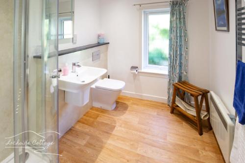 ein Badezimmer mit Waschbecken, Toilette und Dusche in der Unterkunft Lochside Cottage - near Aviemore in Aviemore
