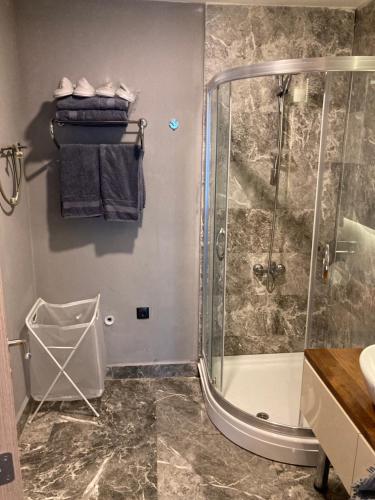 ein Bad mit einer Dusche und einem Waschbecken in der Unterkunft Golden Rose Suit in Istanbul