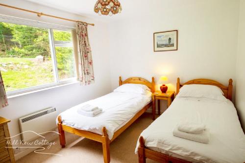 two twin beds in a room with a window at Hill View Cottage - near Aviemore in Aviemore