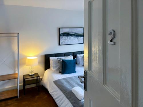 a bedroom with a bed with blue pillows at Maberic Housing in Cranford