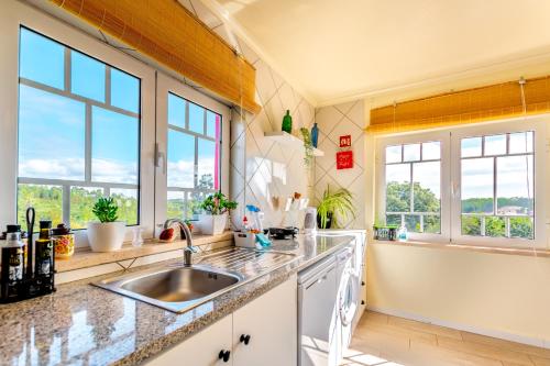 eine Küche mit einem Waschbecken und zwei Fenstern in der Unterkunft Casa Júlio Henriques in Caldas da Rainha