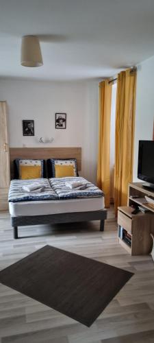 1 dormitorio con 1 cama con cortinas amarillas y TV en 1 rue des romains studio meublé clauss, en Niederbronn-les-Bains