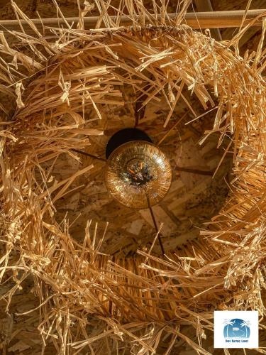 a chandelier hanging from a ceiling with dry grass at Caraibes insolite in Sainte-Luce