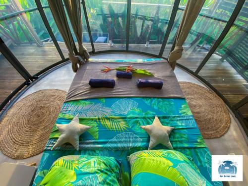 a bed in a glass house with stars on it at Caraibes insolite in Sainte-Luce