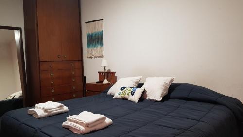 una camera da letto con un letto blu e asciugamani di Casa barrio norte a San Miguel de Tucumán