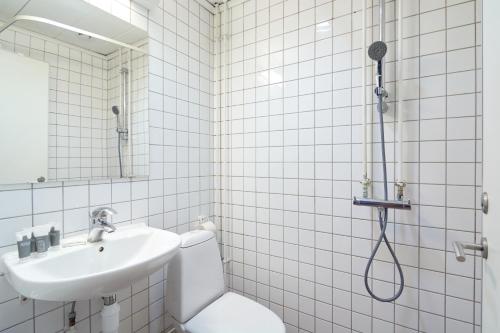 哥本哈根的住宿－Stylish 5 Person Flat in Vibrant Urban Area，带淋浴、卫生间和盥洗盆的浴室