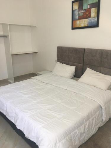 un grande letto bianco con due cuscini in una stanza di cisneros house a Dakhla