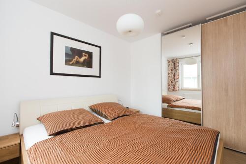 a bedroom with a bed and a mirror at Hafendorf Haus 7 Apartment 5 Nr 89 Parkplatz am Haus in Plau am See
