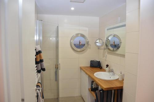 La salle de bains est pourvue d'une douche, d'un lavabo et de miroirs. dans l'établissement Hafennest Haus 6 Apartment 4, à Plau am See