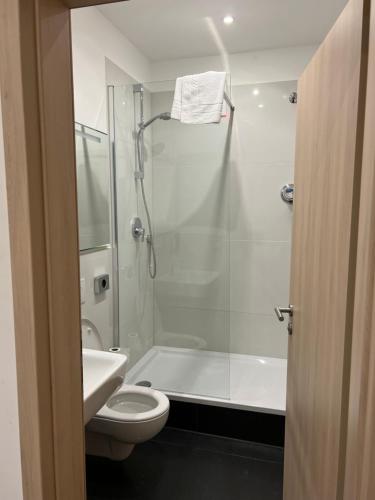 a bathroom with a shower and a toilet and a sink at Slamba Hostel in Augsburg