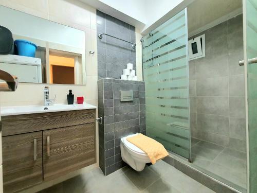 y baño con ducha, aseo y lavamanos. en Barak Royal Suites 52 garden - חמש דקות מהים ומהטיילת, en Eilat