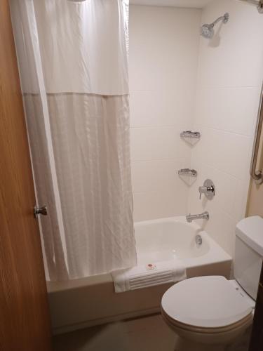 a bathroom with a shower curtain and a toilet at Wingate by Wyndham Pittsburgh New Stanton in New Stanton