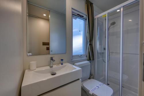 a bathroom with a sink and a toilet and a shower at Camping Eden Glamping in Dormelletto