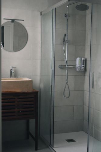 a bathroom with a glass shower with a sink at Amodiño do Camiño in Belesar