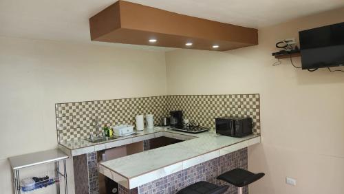 a kitchen with a counter top and a microwave at La Guayaba Monteverde in Monteverde Costa Rica