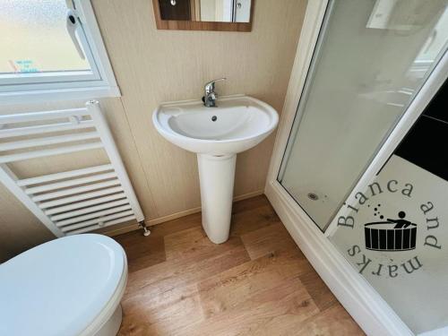 a bathroom with a toilet and a sink and a shower at Bianca and marks 8 berth Caravan with Hot tub in Tattershall