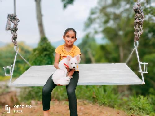 a little girl sitting on a swing holding a white teddy bear at HOME HOSTEL ELLA private rooms only in Ella