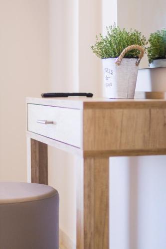 a wooden desk with a plant on top of it at Theo Star Beach Hotel in Malia