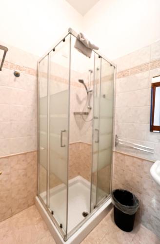 a shower with a glass door in a bathroom at Alius and Freerome Hotel in Rome