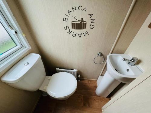 a small bathroom with a toilet and a sink at Bianca and marks 8 berth Caravan with Hot tub in Tattershall